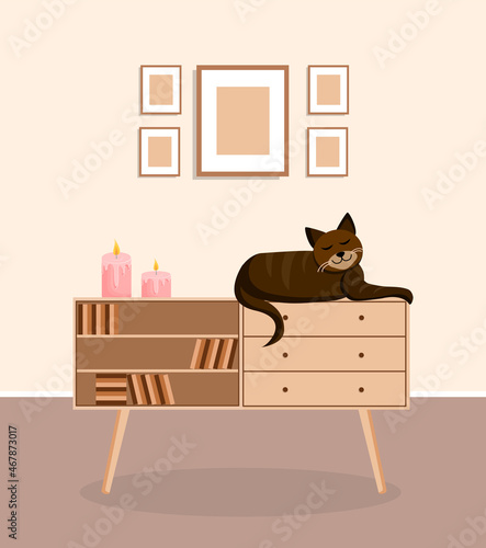 Cute brown cat sits on a bookcase. Interior with an animal. Vector illustration.