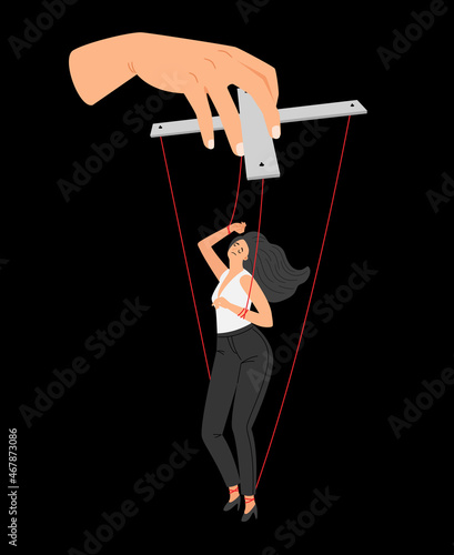 Woman marionette. Female puppet for abuse control toxic relationship manipulation concepts and girl power agitation, women employee manipulating moving behavior vector illustration photo