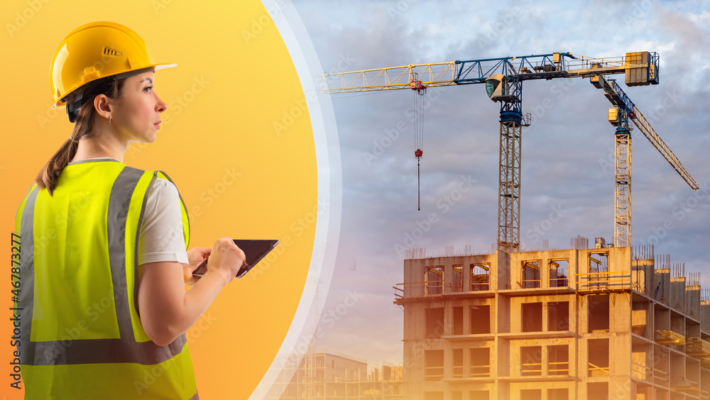 Woman builder. Architect builder during work. Architect in work uniform and hard hat. Portrait of architect next to tower crane. Process of erecting panel buildings. Girl engineer with tablet Woman builder. Architect builder during work. Architect in work uniform and hard hat. Portrait of architect next to tower crane. Process of erecting panel buildings. Girl engineer with tablet