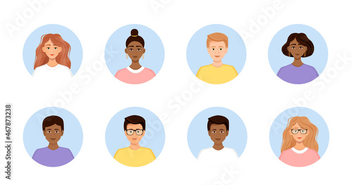 Set of diverse avatars of business team people. Collection of portraits of men and women in a round frame. Vector illustration of faces.
