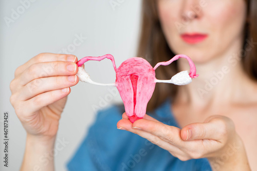 Uterus anatomy. Woman holds...