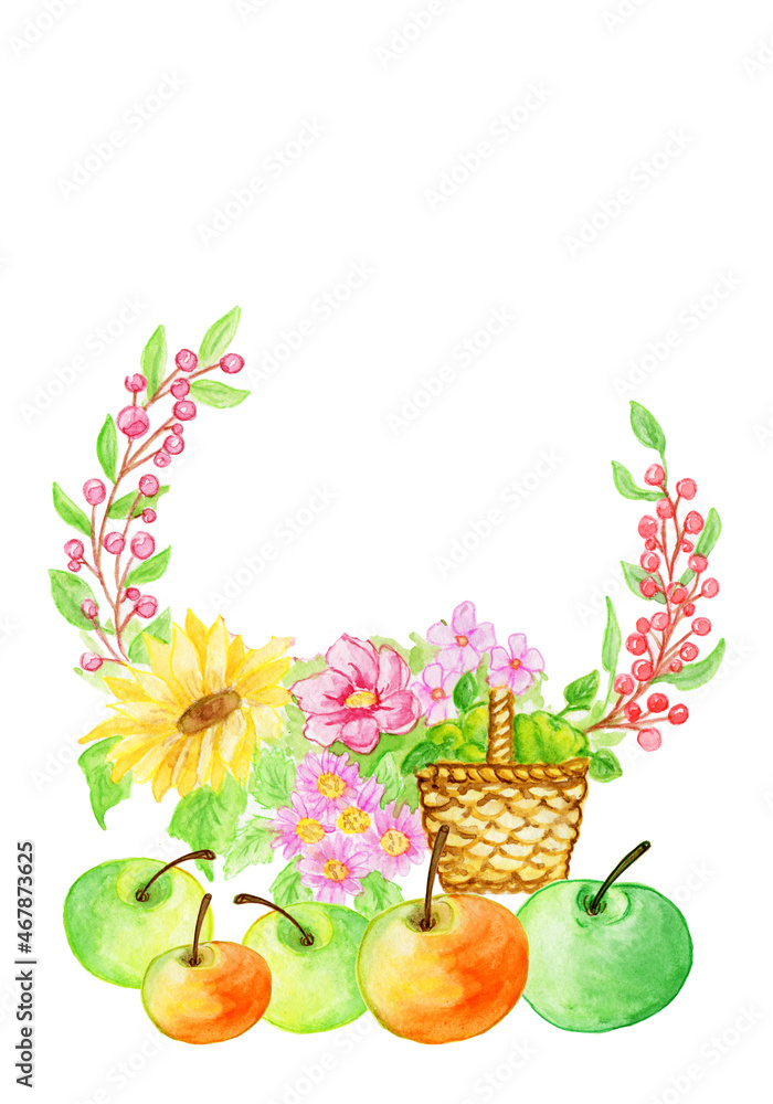 Obraz premium Watercolor frame of autumn flowers and twigs in baskets with apples and an umbrella .It is ideal for greeting responses, for a baby shower, for needlework and hobbies.