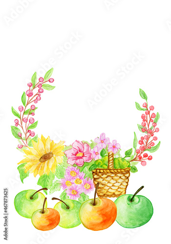 Watercolor frame of autumn flowers and twigs in baskets with apples and an umbrella .It is ideal for greeting responses, for a baby shower, for needlework and hobbies. © SavirinaArt