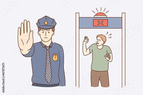 Security control and police concept. Young serious man policeman standing and making stop sign with red light over passenger in security cabin vector illustration 