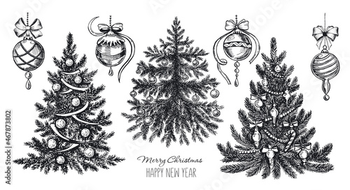 Christmas tree, toys, hand drawn style, vector illustration 