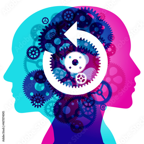 A Male and Female side silhouette profile overlaid with various sized semi-translucent Machine Gear and Cog detail shapes. Placed centrally is a large white “Reversing Arrow” gear assembly graphic.