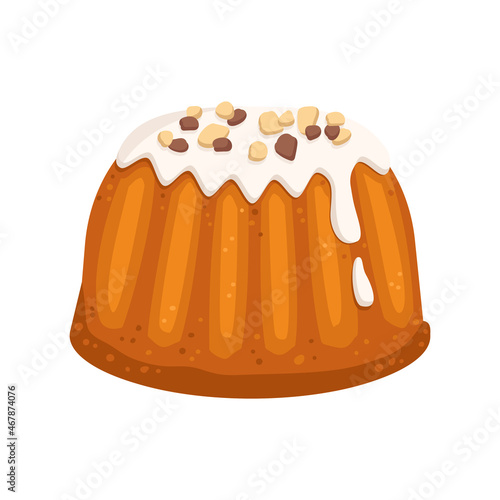 Glazed pastry bun with hazelnut sprinkles. Fresh bakery for breakfast or snack for tea and coffee. Easter cake for spring holiday. Vector flat illustration