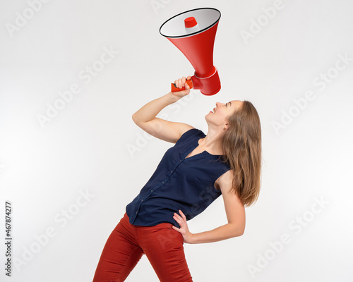 Woman shopaholic yells into...