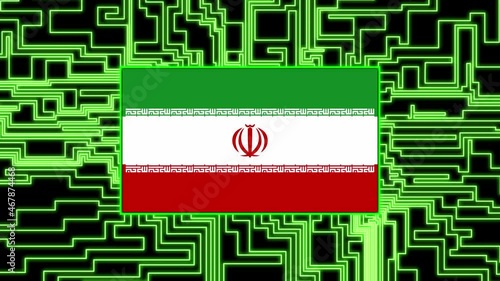 Iran Flag lights up on circuit board as power reaches on a black background texture neon
