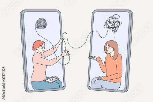 Online psychological help and technologies concept. Young woman doctor making online consultation and helping to release young girl patient from mind mess vector illustration 