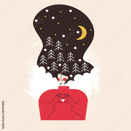 Winter woman with long hair is dreaming and fantasize. Feminine concept flat vector illustration. Girl with universe starry night in hair. Tarot or greeting card design. Christmas and Happy New Year