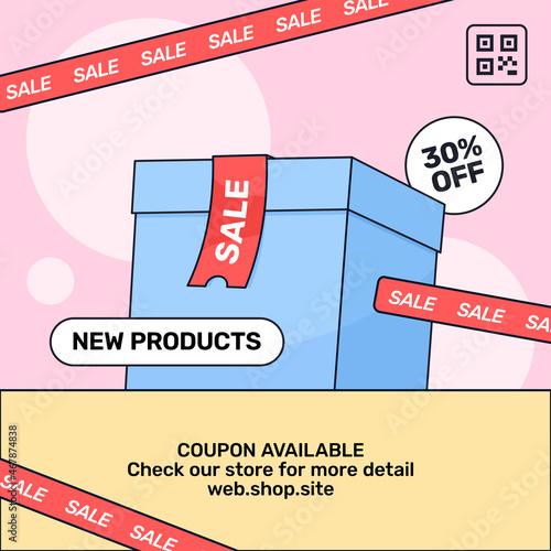 Gift prize box with sale ribbon vector illustration for online shop new products social media promotion poster template design