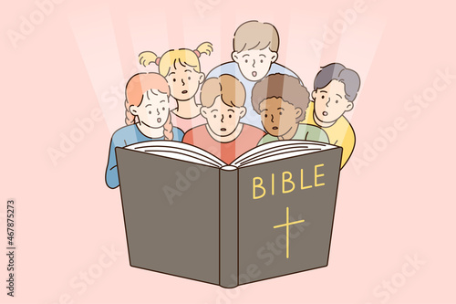 Religious education and bible concept. Group of interested small kids children sitting and looking reading Bible all together vector illustration 