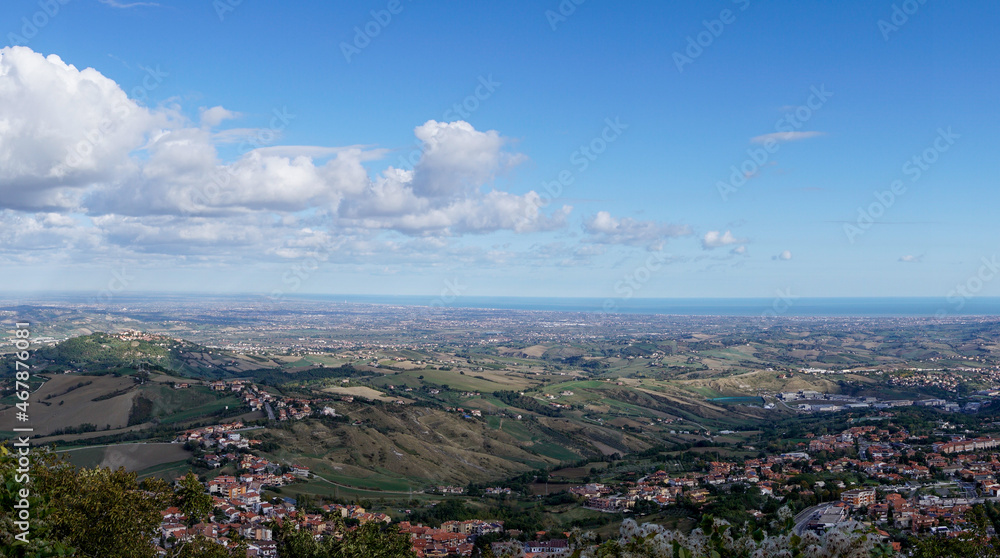 landscape view of the Apennine mountains and San Marino with the Adriatic Sea in the background
