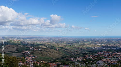 landscape view of the Apennine mountains and San Marino with the Adriatic Sea in the background