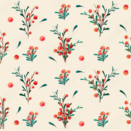 Watercolor seamless pattern with different stylized leaves and berries on soft orange background. Hand-drawn template perfect for fabric, wallpaper, wrapping paper, invitation postcards.