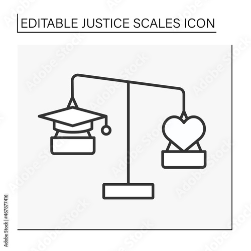  Balance line icon. Antique balance scales with academic hat and heart. Choice between education and true love. Justice scales concept. Isolated vector illustration. Editable stroke