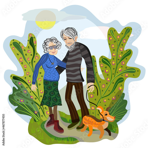 Vector isolated illustration of elderly couple, walking in the park with a dog. Family concept.