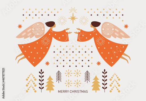 Christmas card. Flying Christmas angels