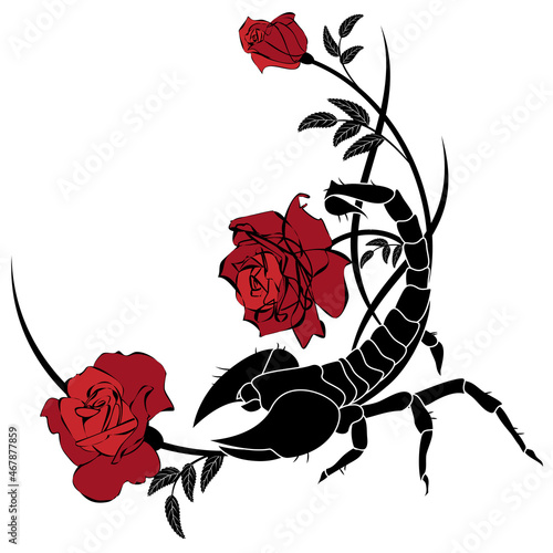 vector frame with roses  and scorpion in black, red and white colors