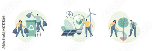Environmental care concept. Waste pollution and recycling problem, nature care, green energy. Use clean green energy from renewable sources. Vector illustration.