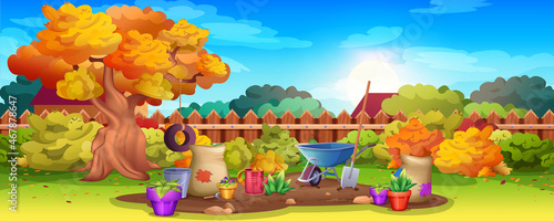 Backyard garden with wooden fence, tree, bushes and cultivated soil. Autumn landscape with watering can, wheelbarrow and sacks. Cartoon lawn with growing plants, potted flowers and gardening equipment
