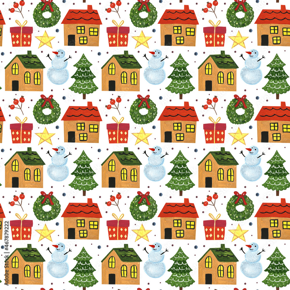 Winter holiday hand drawn seamless pattern, background. Merry Christmas and Happy New Year. House, snowman, christmas tree, wreath, present, herbs, decor, star. Wrapping paper, packaging design.