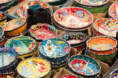 Plates painted with national ornament. Turkish dishes. © Yulia Kravchenko