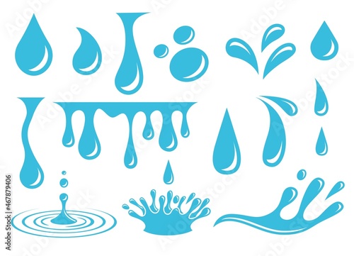 Cartoon water drops. Isolated drop, crying tears elements. Flat sweated drip, blue liquid splash. Falling rain, splashing exact vector clipart
