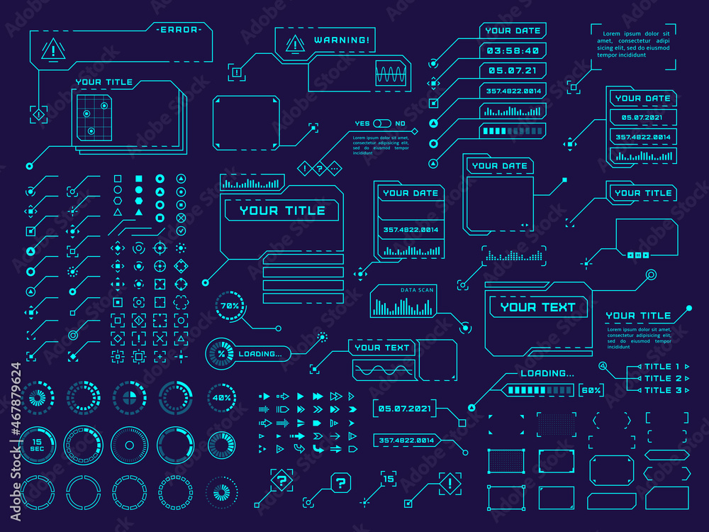 Hud elements. Futuristic technology element, hi tech design. Ui interface digital button, arrows and callout frames tidy vector collection - obrazy, fototapety, plakaty 