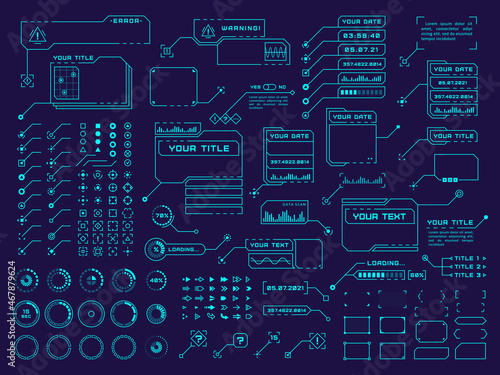 Hud elements. Futuristic technology element, hi tech design. Ui interface digital button, arrows and callout frames tidy vector collection