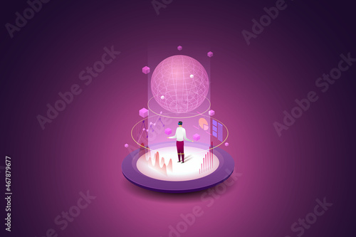 Man Standing play Technology Metaverse 3D Graphics.