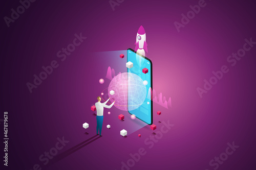 Man Standing play Technology Metaverse 3D Graphics on smartphone.
