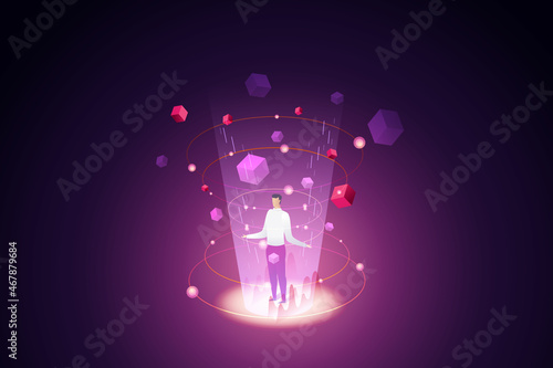 Man standing in middle of three-dimensional Blockchain.