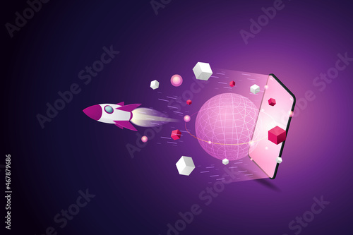 Rocket and planet virtual reality technology for future smartphone.