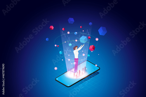 Woman standing in middle of three-dimensional Blockchain technology on smartphone.