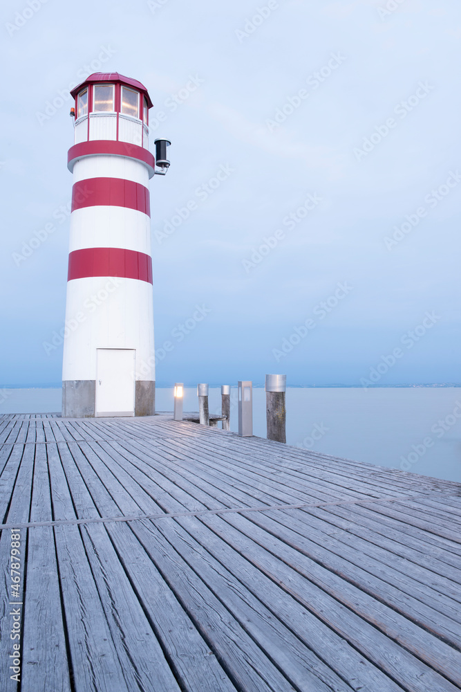 Lighthouse at Lake Neusiedler See, Podersdorf am See, Burgenland, Austria. Lighthouse at Sunrise.