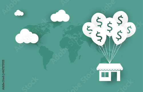 Vector illustration of shop hanging on balloons with sign of dollar. Business expansion or opening new market concept.