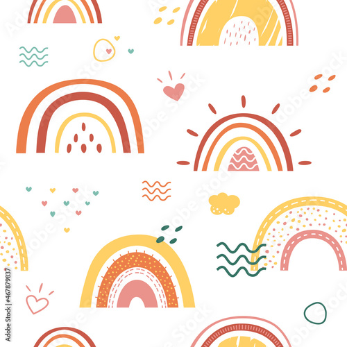 Scandinavian rainbow pattern. Drawing kids wallpaper, nursery element. Baby textile print, cute childish bohemian classy vector seamless texture