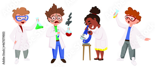 Science kids. Childrens in chemistry lab boys and little girls funny people. laboratory work in school. Science and education for children vector concept. Explosion in school laboratory. Humor clipart