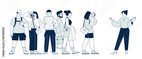 Tour guide. Tourism concept, happy tourists sightseeing city. Isolated touristic group, travel or visit trip. Vacation journey recent vector scene