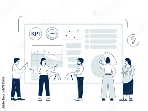 Kpi concept. Data app project, digital analysis of work progress. Dashboard simple solution, teamwork or collaboration. Financial recent vector scene