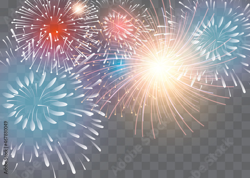 set of isolated vector fireworks on a transparent background.