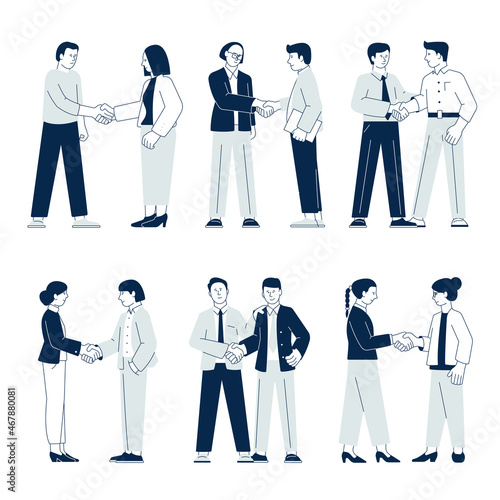 Business handshake. Deal handshakes, partnerships agreement. Partners support, people cooperation or teamwork. Collaboration recent vector characters