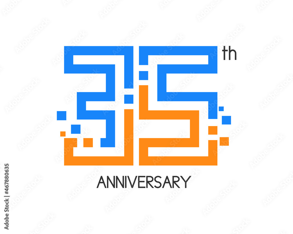 35 years anniversary logo design with digital concept and pixel icon