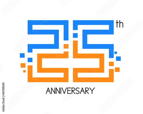 25 years anniversary logo design with digital concept and pixel icon