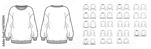 Set of sweatshirts technical fashion illustration with fitted oversized fitted, crew V- neckline, long elbow sleeves. Flat jumper apparel template front, back white color. Women, men unisex CAD mockup