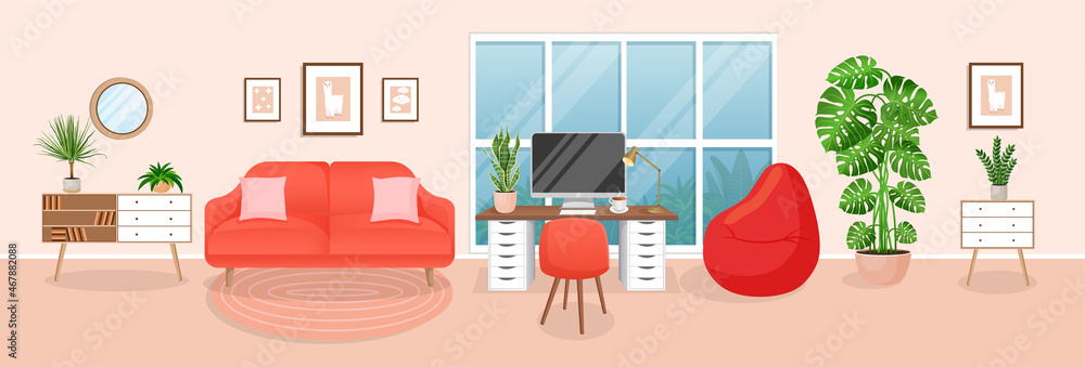 Design of a cozy room for working from home. Office with computer ...