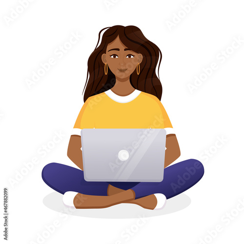 Woman works at the laptop computer. Flat vector illustration of freelance, work at home, work, office, education. Remote work and communication in social networks. Cartoon style.