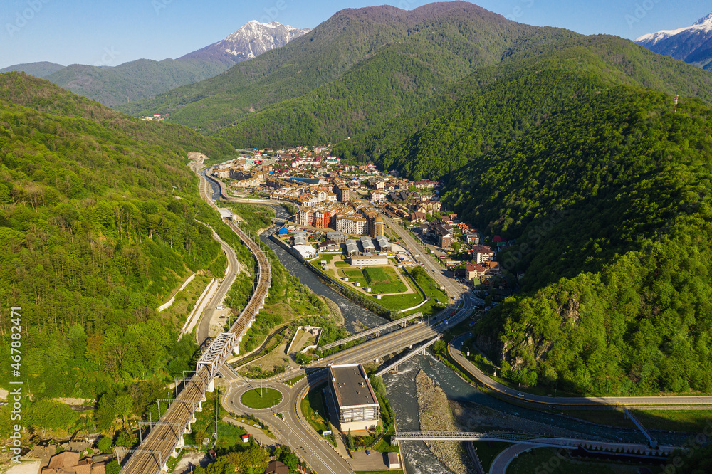 North Caucasus. Ski resort Estosadok. Aerial view.